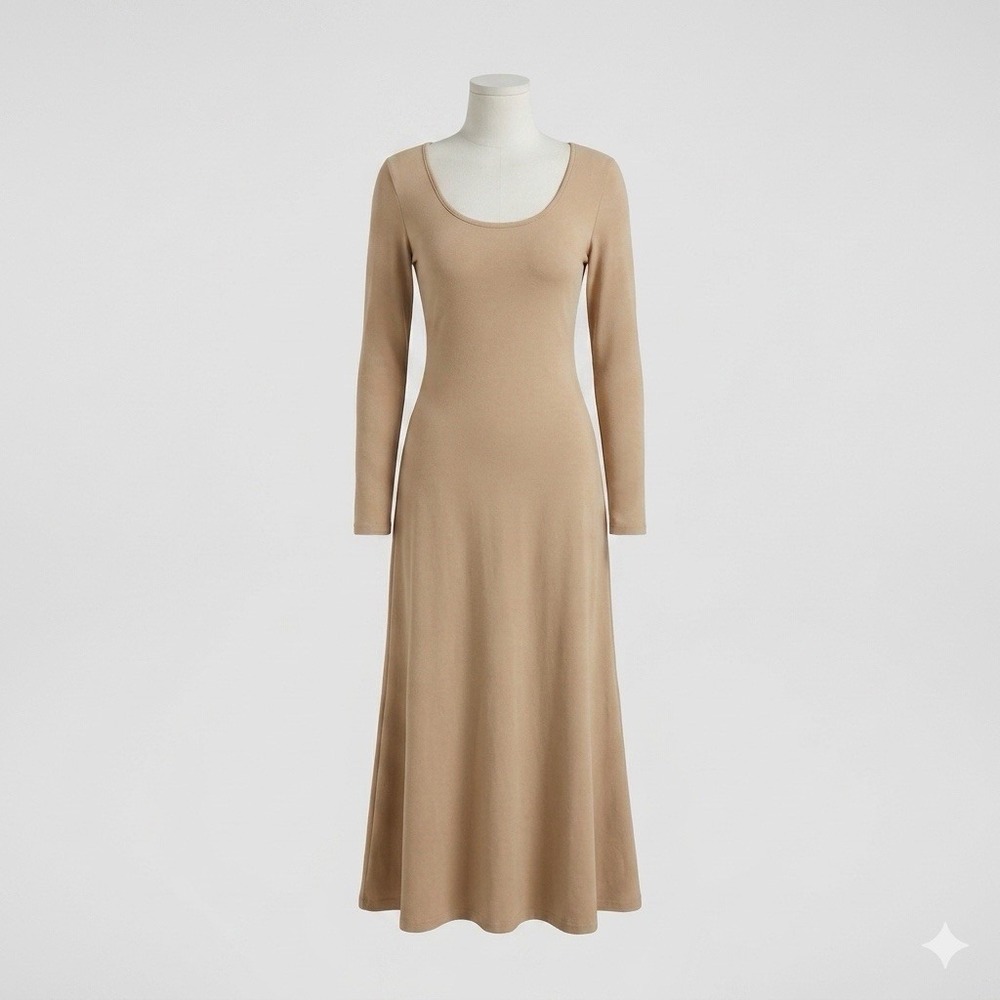 DAZY Tan Beige Scoop Neck Long Sleeve Flare Hem Maxi Dress Small S